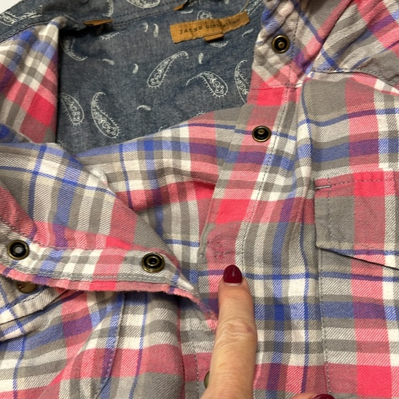 Jachs Girlfriend BEA pink purple Plaid TOP flannel paisley cuff  pearl snaps XL - Picture 9 of 16
